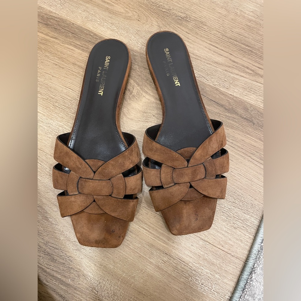 Saint Laurent Tribute Brown Suede Slide Sandals